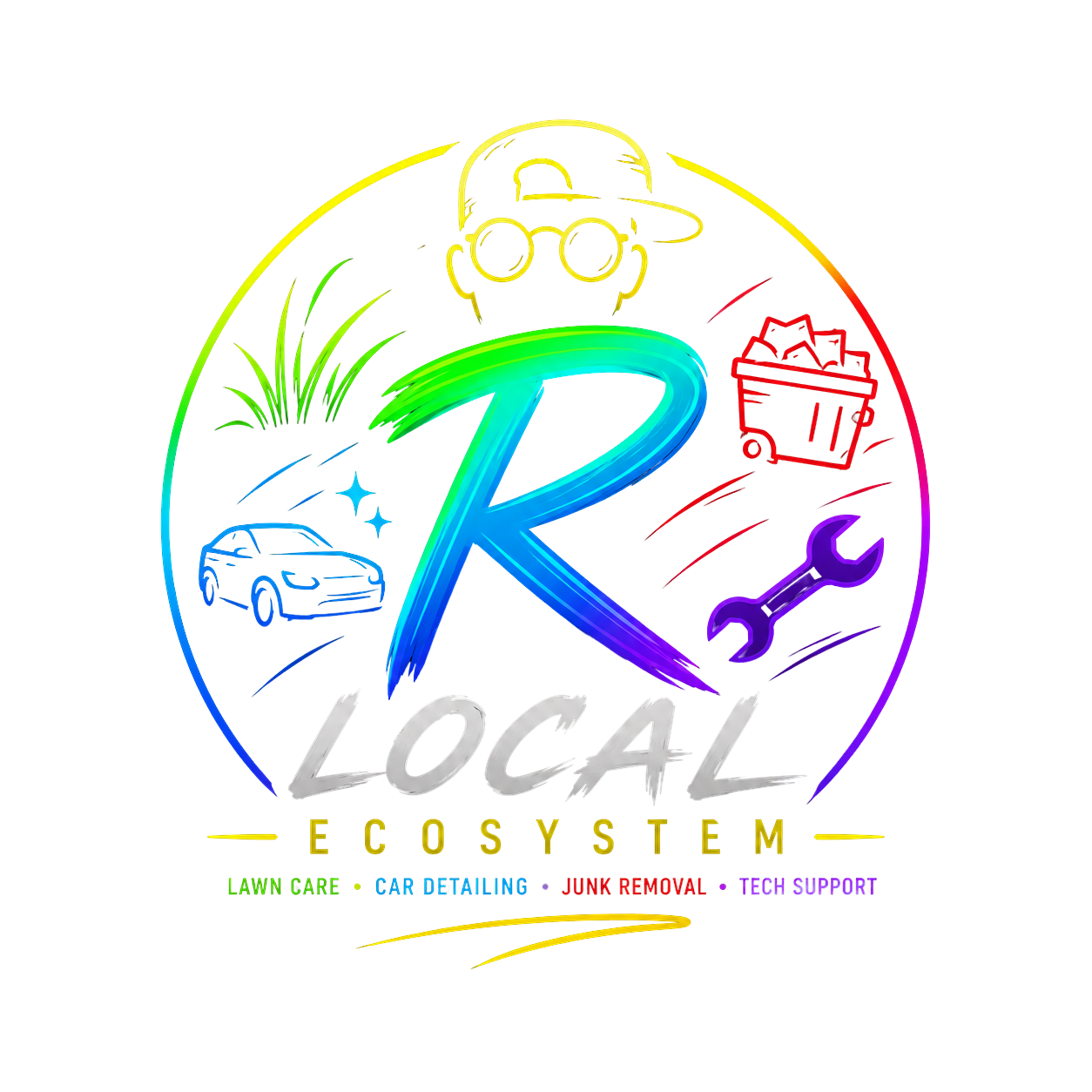 RLocal Ecosystem emblem featuring lawn care, car detailing, junk removal, and tech support